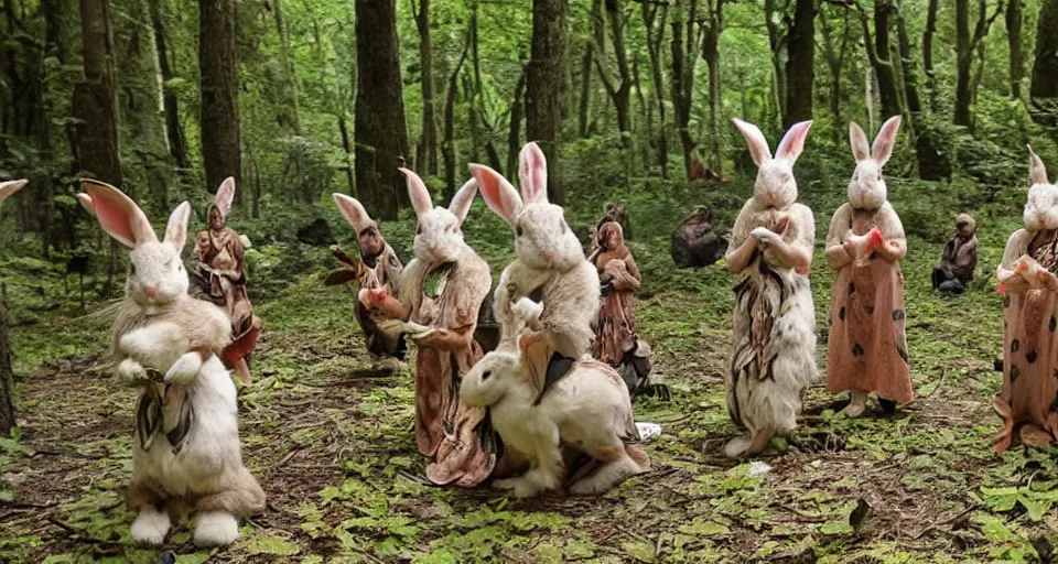 Image similar to shamanic ritual, A group of rabbits performing a shamanic ritual in a forest