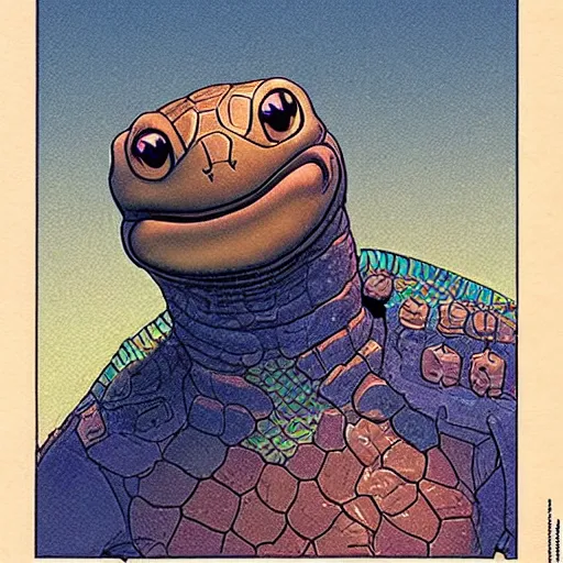 Prompt: anthropomorphic turtle hero, moebius