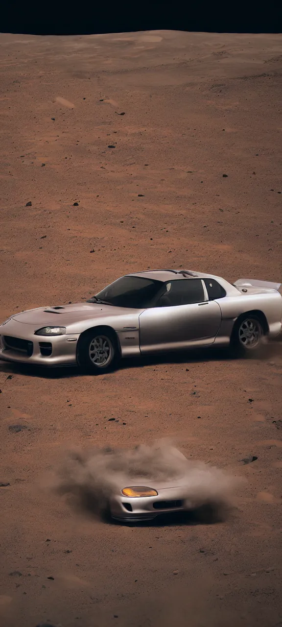 Image similar to a jdm mazda rx - 7 drifting on mars, cinematic, dark atmosphere, long exposure, white balance, 8 k, led, lumen global illumination, fog, ray tracing reflections