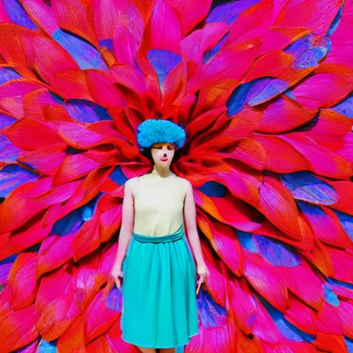 Image similar to giant flower head, full body, girl standing in mid century hotel, surreal, symmetry, bright colors, blue sky, cinematic, wes anderson