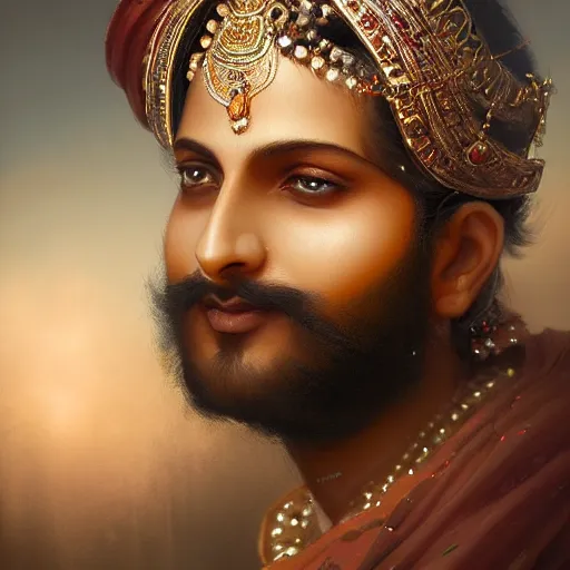 Prompt: a beautiful fine art painting of a portrait of shivaji maharaj by tom bagshaw, greg rutkowski and artgerm, perfection!, milk bath photography, studio lighting, 35mm lens, very detailed, deep depth of field, side profile, artstation, 8K, highly coherent