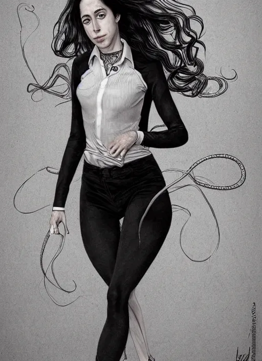 Image similar to full length photo of Oona Chaplin in the style of Junji Ito, full body, not realistic, sharp focus, 8k high definition, insanely detailed, intricate, elegant, art by stanley lau and artgerm