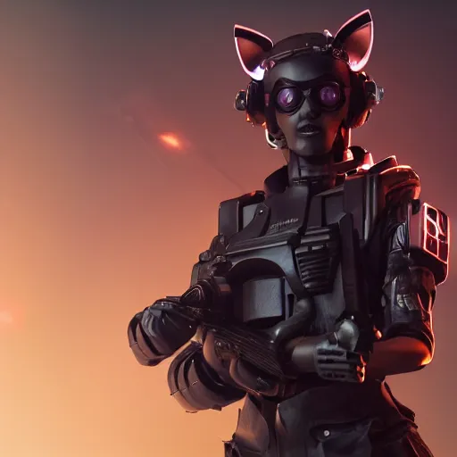 Prompt: close up of evil futuristic dystopian regime soldier, plasma gun, blonde hair, fox ears on hair, human, female, concept design, contrast, hot toys, kim jung gi, greg rutkowski, zabrocki, karlkka, jayison devadas, trending on artstation, 8 k, ultra wide angle, pincushion lens effect, red and black color scheme
