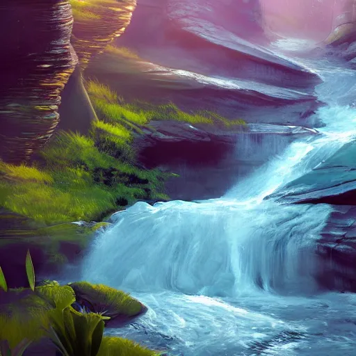 Prompt: A river flowing with waterfall, digital art, trending on ArtStation, CGSociety