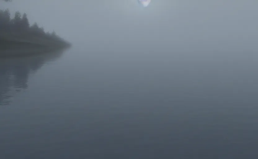 Image similar to low angle skimming the surface of a strange lake directed by charlie kaufman ( 2 0 0 1 ) foggy volumetric light morning extremely moody cinematography scene, cinematic trending on artstation in the style of greg rutkowski