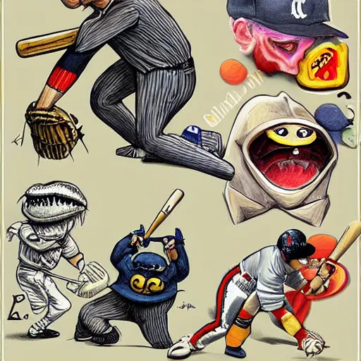 Prompt: baseball monster, baseball, baseball bat, digital art, chalk, fantasy, magic, trending on artstation, ultra detailed, professional illustration by Basil Gogos