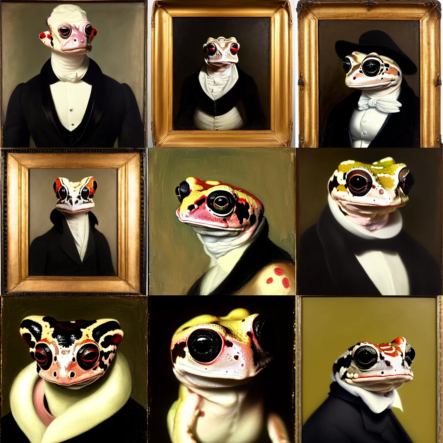 Prompt: a head - and - shoulders portrait of an amazon milk frog looking off camera wearing a black frock coat and a white ascot, an american romanticism painting, a portrait painting, cgsociety, soft focus, oil on canvas