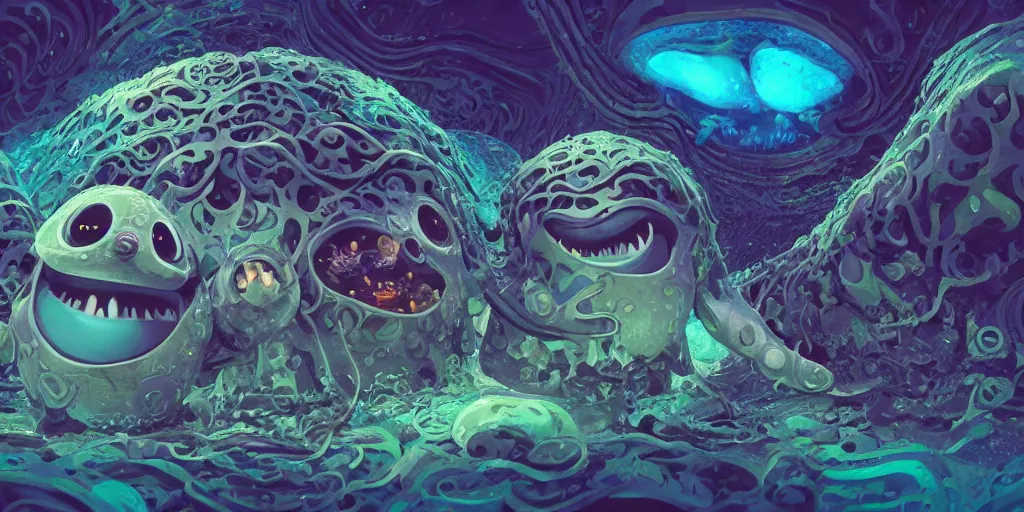 Image similar to of an intricate deep sea with strange cute friendly happy creatures with huge eyes, long tongue, round teeth and goofy funny face, appearing from the background, in the style of gehry and gaudi, macro lens, shallow depth of field, ultra detailed, digital painting, trending artstation, concept art, illustration, cinematic lighting, photorealism, epic, octane render