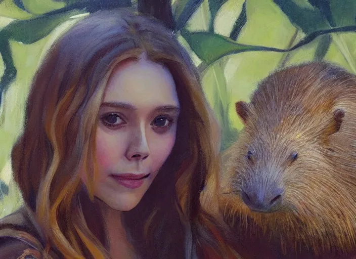 Image similar to a highly detailed beautiful portrait of elizabeth olsen with a capybara, by gregory manchess, james gurney, james jean