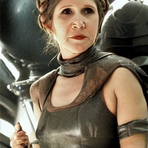 Prompt: Carrie Fisher on the set of RETURN OF THE JEDI realistic photo