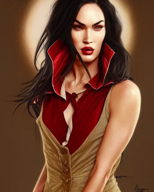 Image similar to megan fox vampire, perfect face, gold waistcoat, red shirt, long grey hair, red necktie, cinematic, stunning, highly detailed, digital painting, artstation, smooth, hard focus, illustration, art by artgerm and greg rutkowski and alphonse mucha