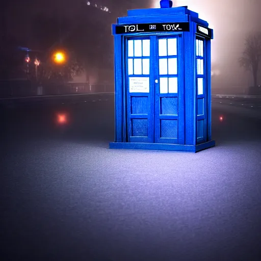 Image similar to a hyperdetailed photograph of the tardis sat on a futuristic street corner, night, dense fog, rain, hd, 8 k resolution