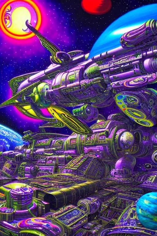 Prompt: maximalist detailed space scene lowbrow scifi artwork by kidsquidy. ray tracing hdr polished sharp in visionary psychedelic fineart style