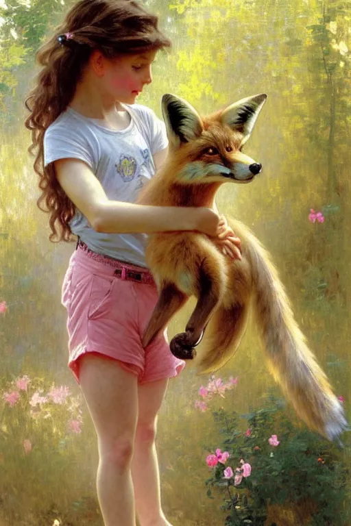 Image similar to a seven - year old girl with long curly dirty blonde hair, blue eyes, tan skin, a pink tee shirt, shorts, playing with a fox, painting by daniel gerhartz, alphonse mucha, bouguereau, detailed art, artstation