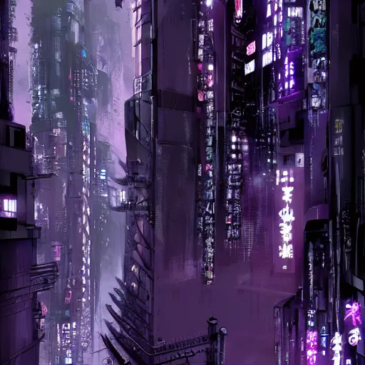 Image similar to Futuristic Concrete Dense Tokyo in style of Tsutomu Nihei in purple and black tones. ArtStation, Cyberpunk, vertical symmetry, 8K, Highly Detailed, Intricate, Album Art.