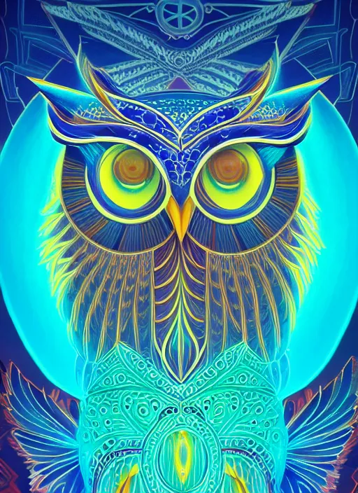 Image similar to symmetry!! product render poster vivid colors divine proportion owl, 神 圣, glowing fog intricate, elegant, highly detailed, digital painting, artstation, concept art, smooth, sharp focus, illustration,