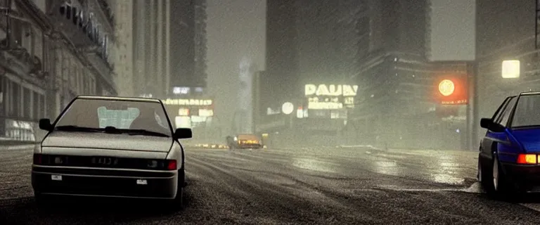 Prompt: RS Blue Audi RS 2 Avant (1995), black car, a gritty neo-noir, dramatic lighting, cinematic, establishing shot, extremely high detail, photorealistic, cinematic lighting, artstation, by simon stalenhag, Max Payne (PC) (2001) winter new york
