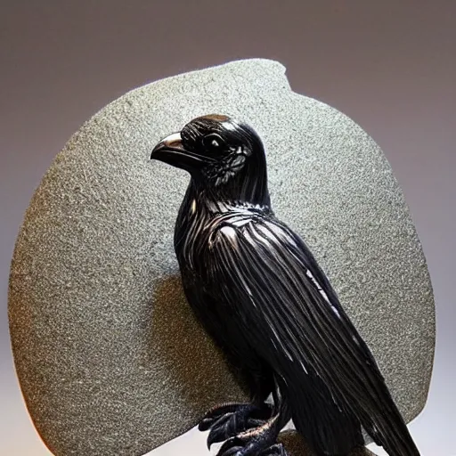 Prompt: metallic mineral stones sculpted into a very realistic raven. Inlaid with cut gemstones and smooth polished minerals. beautiful sculpting. masterwork.