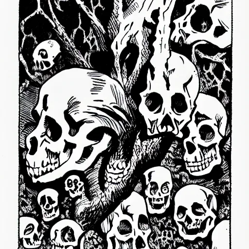 Image similar to Skulls lying under a dead tree. Close Up Shot, Dark Fantasy, Film Noir, Black and White. High Contrast, Mike Mignola, D&D, OSR