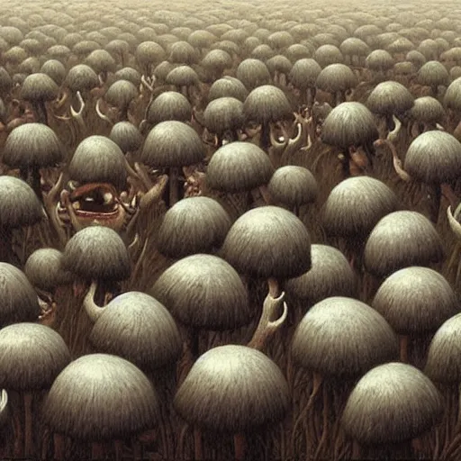 Image similar to a hyperrealistic painting of an army of angry mushrooms, by john kenn mortensen, highly detailed,