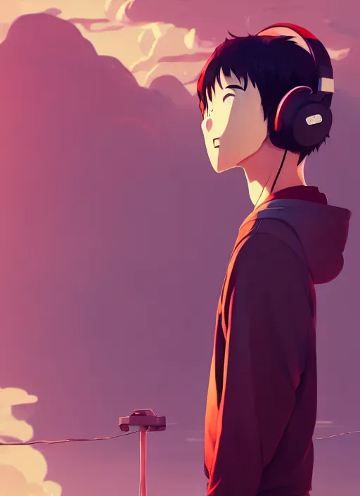 Image similar to portrait of chilled kong, sunny sky background, lush landscape, illustration concept art anime key visual trending pixiv fanbox by wlop and greg rutkowski and makoto shinkai and studio ghibli and kyoto animation, symmetrical facial features, black t shit, red headphones, ripped jeans, backlit, aerodynamic frame, gta 5