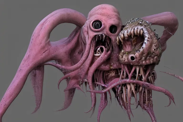 Image similar to a squid monster eating a person, john carpenter body horror, eighties practical horror special effects, cosmic horror, body horror, protruding bones, trending on zbrush central, neoplasticism, lovecraftian, zbrush, biomorphic, midjourney, nightcafe