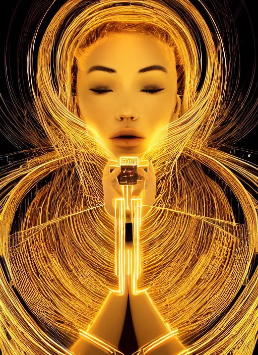Prompt: beautiful goddess android, symmetrical young face, elegant hands, cords and wires, glow, electric, big golden jewellery, crystals, heavenly, golden dress, filigree, black paper, hokusai, golden ink baroque, renaissance, symmetrical, sci - fi, retro futurism, octane render, cinematic light, rule of thirds, dramatic shadows, highly detailed