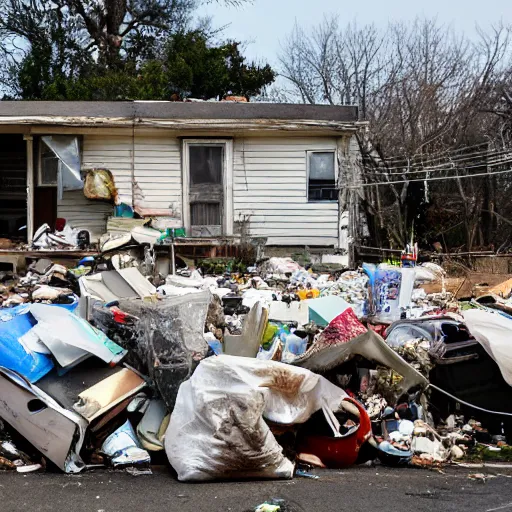 Image similar to a run down house with stacks of trash 1 0 feet high in front of the house. run down house is in a suburban neighborhood in america.
