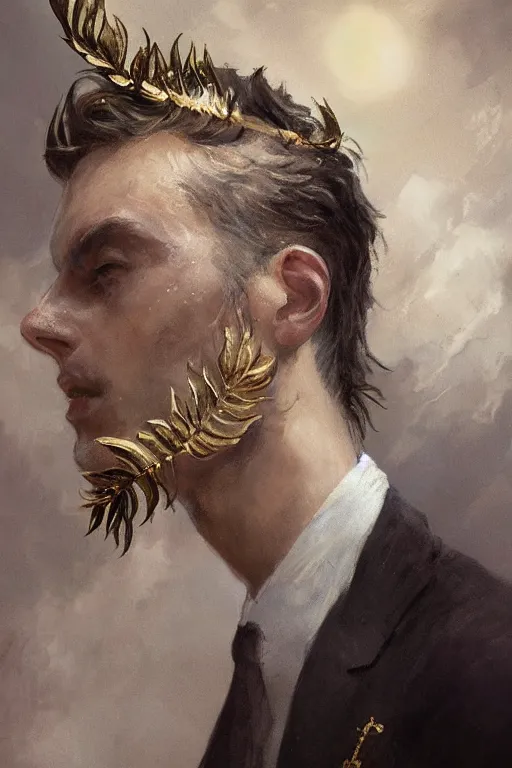 Prompt: a masculine elegant man from sideview and wearing golden laurel wreath, ethereal horror fantasy propaganda art by greg rutkowski and magali villanueve and monet con