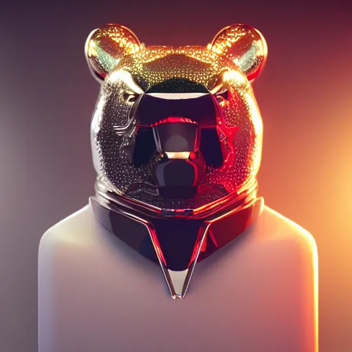 Image similar to chrome bear, glossy, metallic, neon, symmetrical, tribal patterns, realistic, unreal engine, octane, redshift, artstation, behance