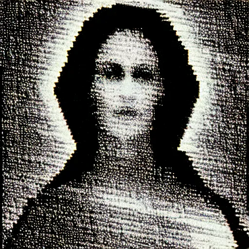 Image similar to vhs static overlay of marian apparition, vhs, 1 9 9 0, highly realistic, highly detailed, vhs noise static, black and white, vhs glitch