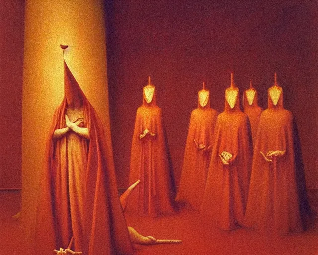 Prompt: devotion to the scarlet woman, priestess in a conical hat, coronation, ritual, sacrament, by francis bacon, beksinski, mystical redscale photography evocative.