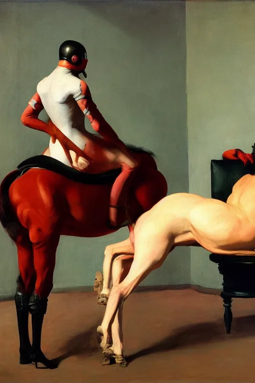 Prompt: fetish game dominantrius dressed as a horse sits on the back of a man dressed as an astronaut, highly detailed painting by francis bacon, edward hopper, adrian ghenie, gerhard richter, and james jean soft light 4 k,
