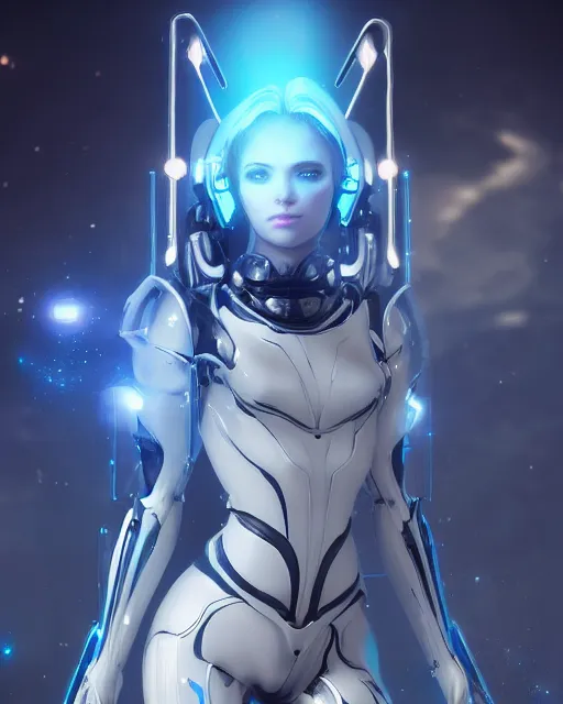 Image similar to perfect android girl on a mothership, warframe armor, beautiful face, scifi, futuristic, galaxy, nebula, raytracing, dreamy, long white hair, blue cyborg eyes, sharp focus, cinematic lighting, highly detailed, artstation, divine, by gauthier leblanc, kazuya takahashi, huifeng huang