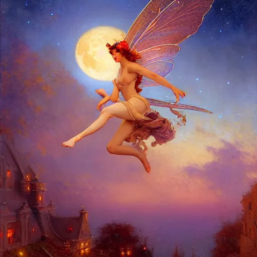 Image similar to attractive fairy magically floating high in the night, fantasy, full moon in background. highly detailed painting by gaston bussiere, craig mullins, j. c. leyendecker, mid shot, 8 k