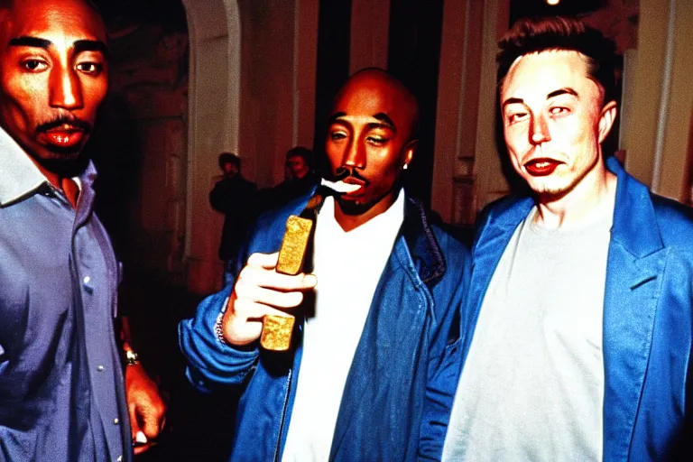 Prompt: old disposable camera picture with tupac shakur and elon musk smoking in soviet union, moscow, kremlin, very detailed, award winning professional photography