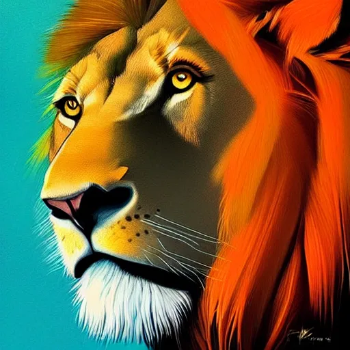 Prompt: portrait of a lion, orange, vivid, colorful, beautiful digital art trending on artstation by alena aenami by greg rutkowsky