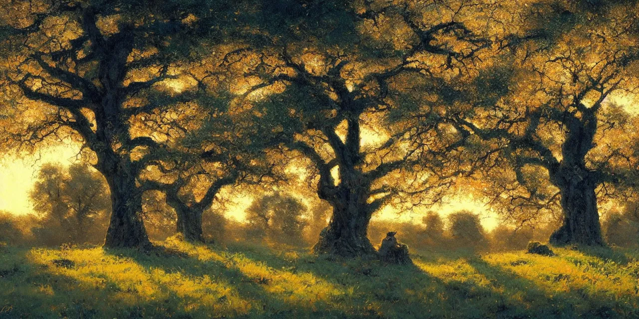 Prompt: a beautiful, stunning landscape with giant oak and alder trees in spring during sunset by craig mullins