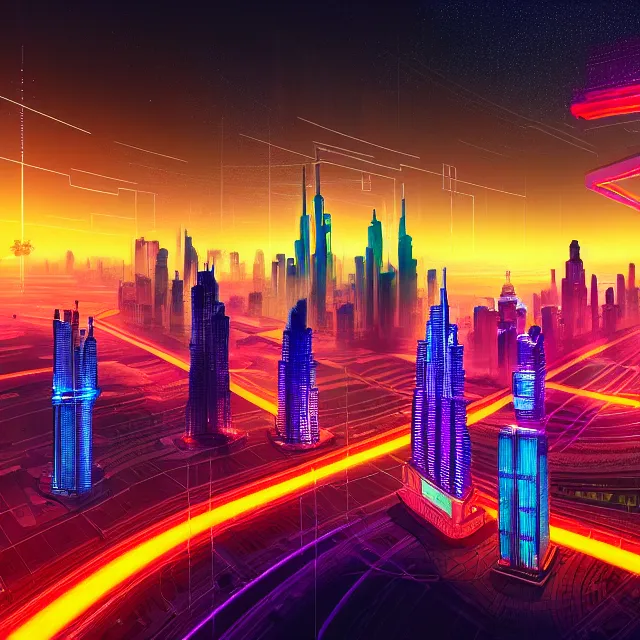 Prompt: beautiful 3 d render of futuristic blocks of cubes with circuits connected with thick glowing wires, centered, symmetry, painted, intricate, volumetric lighting, beautiful, rich deep colors masterpiece, sharp focus, ultra detailed, in the style of dan mumford and marc simonetti, with a futuristic cyberpunk dubai city in the background, astrophotography