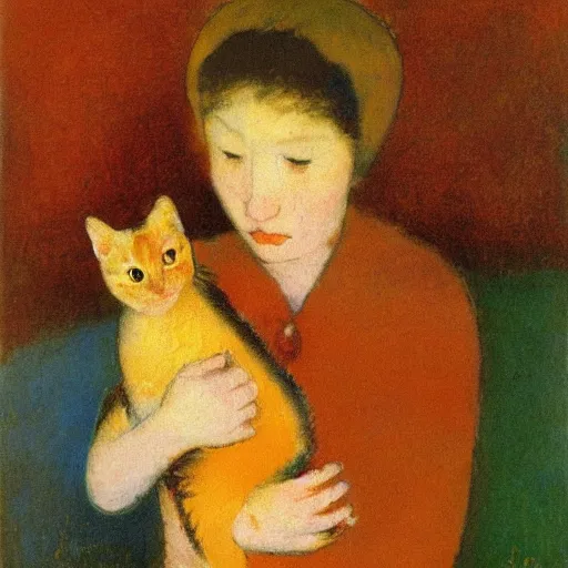 Image similar to a woman with short brown hair and her orange kitten by odilon redon