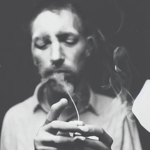 Prompt: photograph of a man in the process of transmuting into smoke