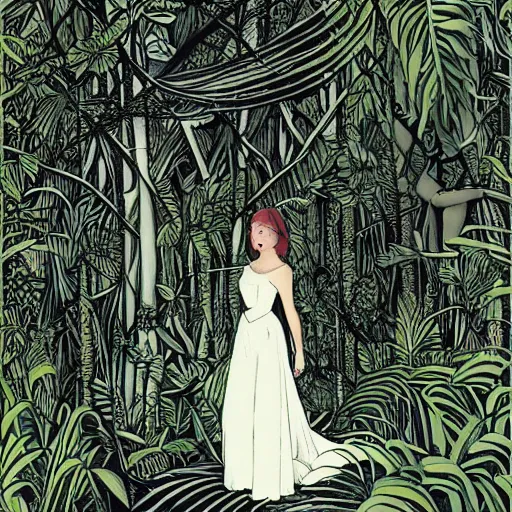 Image similar to elegant woman, white dress, dense jungle, trees, huge flowers, risograph!, omnious, dark, oldschool vintage sci - fi flat surreal design, super - detailed, art nouveau, hd, 4 k, high quality