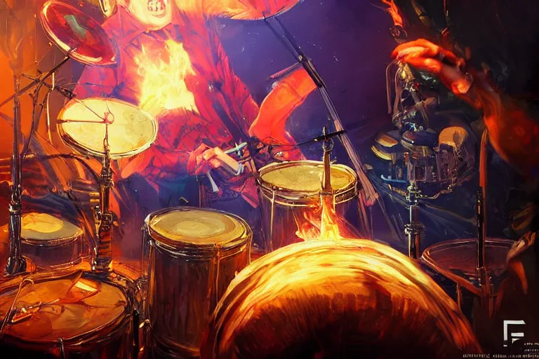 Image similar to drummer at a club playing punk rock drums on fire highly detailed, concert lighting huge speakers, atmosphere by peter mohrbacher and igor morski, very detailed, 2 4 mm lens, deep depth of field, artstation, 8 k