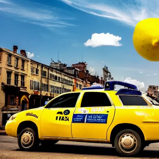 Image similar to gaint lemon in sky using a taxi