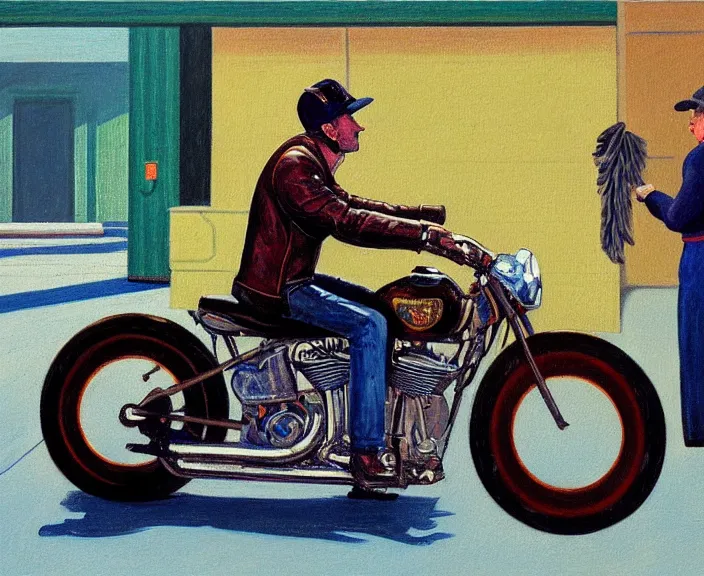 Image similar to a very detailed painting of a man wearing a leather jacket, riding a motorbike, harley davidson motorbike, worm's - eye view, very fine brush strokes, in the style of edward hopper and grant wood and syd mead, 4 k,