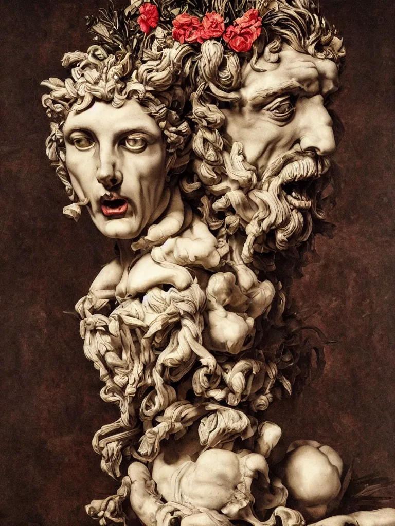 Image similar to Detailed maximalist portrait a Greek god bust with large lips and with large white eyes, angry, fleshy botany, HD mixed media 3d collage, highly detailed and intricate, surreal illustration in the style of Caravaggio, dark art, baroque