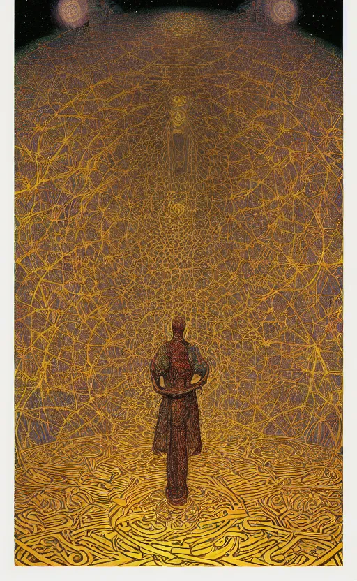 Image similar to astral monk at the temple of gon within the 5 th dimension, cosmic, symmetrical, golden ratio, dmt, psychedelic, detailed, by victo ngai, by gustave dore