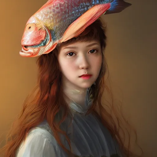 Prompt: A masterpiece portrait of a Incredibly beautiful queer barique renaissance girl in monomakh hat, holding fish as a baby. light cute blush on face. glass fish hat. medium shot, intricate, elegant, highly detailed. trending on artstation, digital art, by Stanley Artgerm Lau, WLOP, Rossdraws, James Jean, Andrei Riabovitchev, Marc Simonetti, Yoshitaka Amano. background by James Jean and Gustav Klimt, light by Julie Bell, 4k, porcelain skin