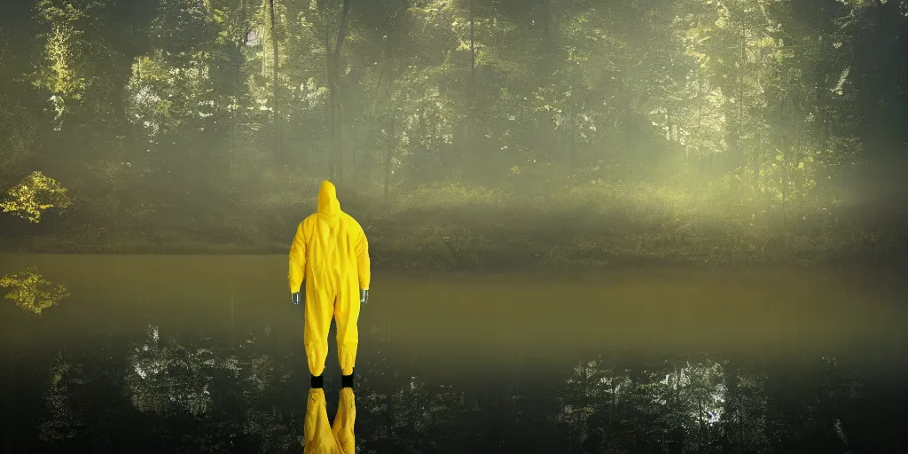 Image similar to a mysterious man in a yellow hazmat suit stands in a small lake with reflections in a detailed forest, painting, concept - art, rendering, octane, redshift, cinematic composition, volumetric lighting