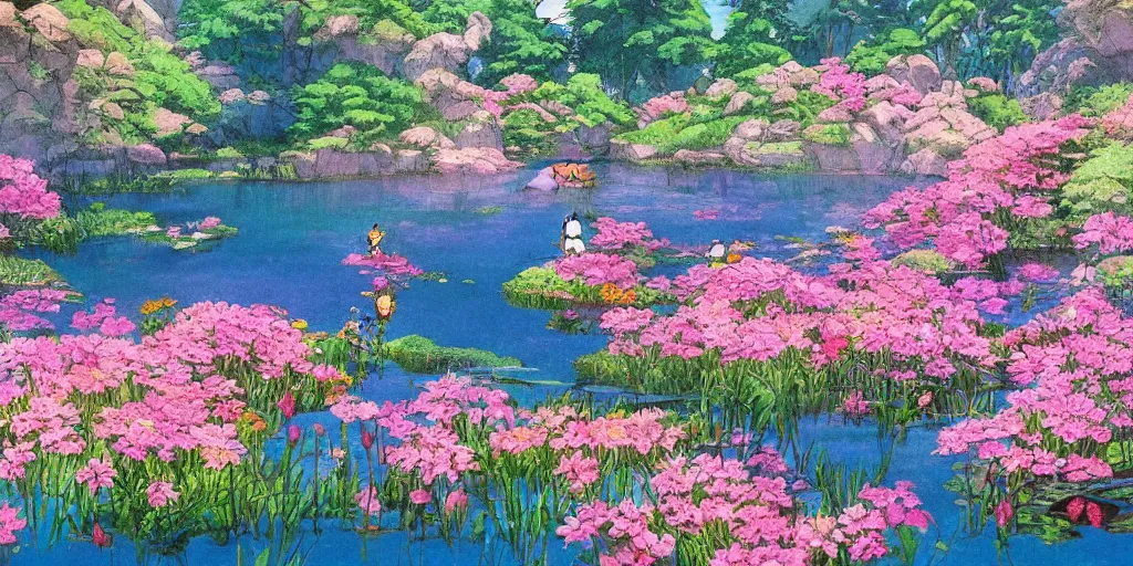 Image similar to a beautiful lake with blooming flowers, fantasy art, by studio ghibli